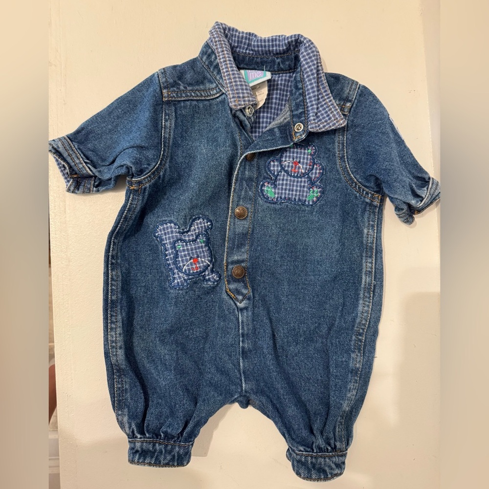 Blue Denim Baby Romper with Bear Patches
